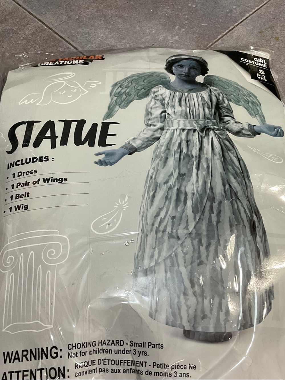 Statue Girl Costume - Gray Angel Dress with Wings and Wig